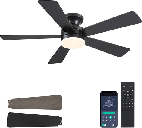 Flush Mount Ceiling Fans with Lights - 46" Black Low Profile Ceiling Fan Light with Remote/APP, 6 Speeds Mute Reversible Motor, Modern Ceiling Fans for Indoor and Outdoor, Bedroom, Patios