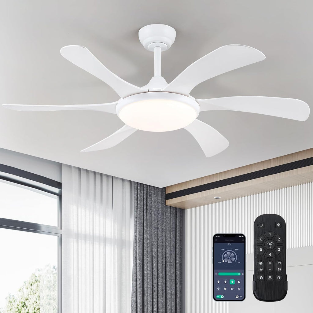 White Ceiling Fan with Lights and Remote - 46" Modern Indoor Ceiling Fan Light Low Profile, Dimmable, Reversible Quiet Motor and Timing, Outdoor Ceiling Light for Covered Patios
