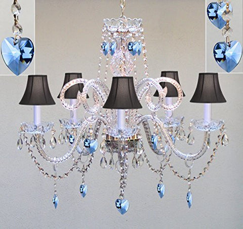 Authentic All Crystal Chandelier Chandeliers Lighting With Sapphire Blue Crystal Hearts And Black Shades Perfect For Living Room Dining Room Kitchen Kid'S Bedroom H25" W24" - A46-B85/Blackshades/387/5