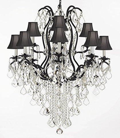 F83-Sc/B12/3034/8+4Sw Wrought Iron Crystal Chandelier Lighting H40" X W28" With Shades Trimmed With Spectra (Tm) Crystal - Reliable Crystal Quality By Swarovski - F83-Sc/Blackshade/B12/3034/8+4Sw