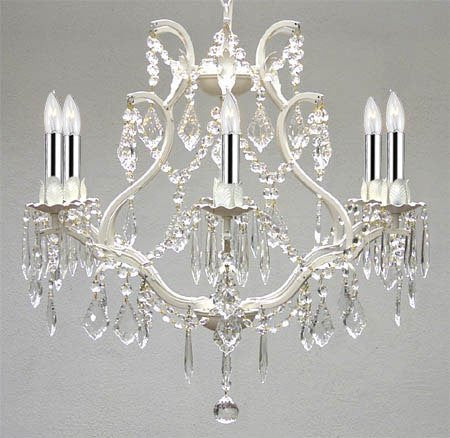 White Wrought Iron Empress Crystal (Tm) Chandelier Lighting With Chrome Sleeves H19" W20" Swag Plug In-Chandelier W/ 14' Feet Of Hanging Chain And Wire - A83-B17/B43/White/3530/6