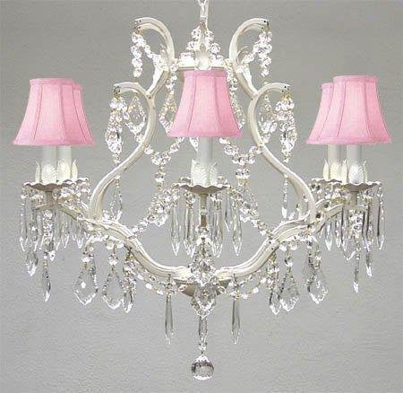 Swarovski Crystal Trimmed Chandelier Wrought Iron Crystal Chandelier Lighting H 19" W 20" - With Pink Shades - A83-Pinkshades/White/3530/6 Sw