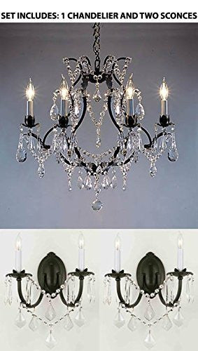 Three Piece Lighting Set - Wrought Iron Crystal Chandelier Lighting H19" X W20" And 2 Wall Sconces - 1Ea 3030/6 + 2Ea 2/3034/Wallsconce