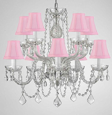 Crystal Chandelier Lighting With Pink Shades H 25" X W 24" - G46-Pinkshades/Cs/1122/5+5