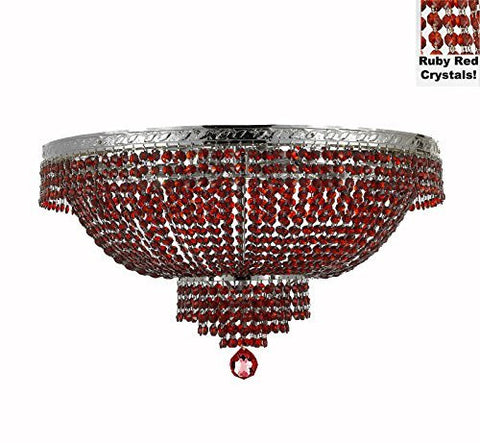 French Empire Semi Flush Crystal Chandelier Lighting - Dressed With Red Beads Color Crystals H18" X W24" - F93-B81/Flush/Cs/870/9