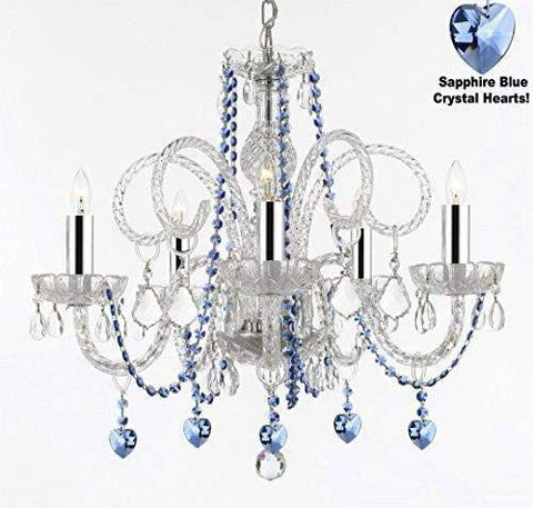 Authentic All Crystal Chandelier Chandeliers Lighting with Sapphire Blue Crystal Hearts! Perfect for Living Room, Dining Room, Kitchen, Kid's Bedroom w/Chrome Sleeves! H25" W24" - A46-B43/B85/B82/385/5
