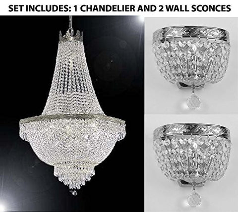 Set Of 3 - 1 French Empire Crystal Chandelier Lighting H30" X W24" And 2 Empire Crystal Wall Sconce Lighting W 9.5" H 9" D 5" - 1Ea-Cs/870/9 + 2Ea-Wallscone/3/3 Ch W/C