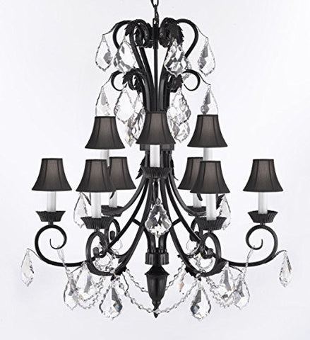 Foyer / Entryway Wrought Iron Empress Crystal (Tm) Chandelier 30" Inches Tall With Crystal And Black Shades H 30" X W 26" - A84-Blackshades/B12/724/6+3