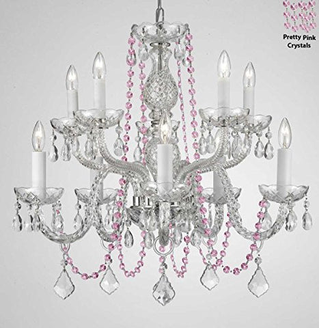 Authentic All Crystal Chandelier Chandeliers Lighting With Pretty Pink Crystals Perfect For Living Room Dining Room Kitchen Kid'S Bedroom H25" W24" - G46-B84/Cs/1122/5+5