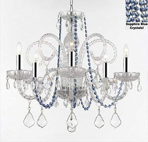 AUTHENTIC ALL CRYSTAL CHANDELIER CHANDELIERS LIGHTING WITH SAPPHIRE BLUE CRYSTALS! PERFECT FOR LIVING ROOM, DINING ROOM, KITCHEN, KID'S BEDROOM W/CHROME SLEEVES! H25" W24" - A46-B43/B82/385/5
