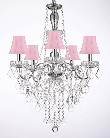 Elegant 5 Light Crystal Chandelier Pendant Lighting Fixture Light Lamp W/ Pink Shades - J10-Pinkshades/3/26017/5