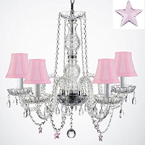 Authentic Empress Crystal(Tm) Chandelier With Crystal Stars H25" X W24" - Nursery Kids Girls Bedrooms Kitchen Etc With Pink Shades - G46-Pinkshades/B38/384/5