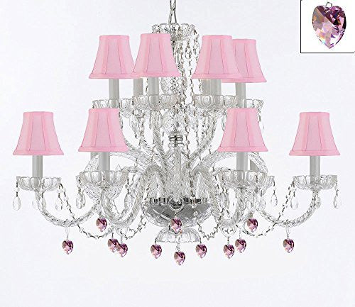 Murano Venetian Style All Empress Crystal (Tm) Chandelier With Pink Crystals And Shades - A46-B21/Sc/Pinkshades/385/6+6