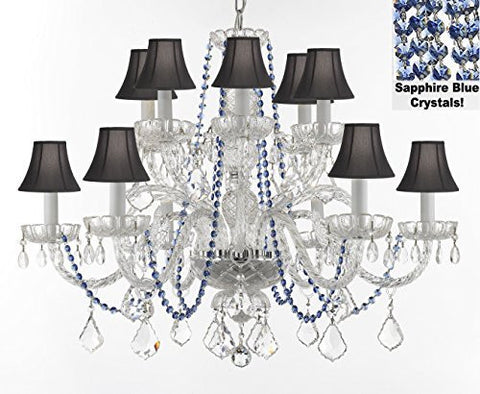 Authentic All Crystal Chandelier Chandeliers Lighting With Sapphire Blue Crystals And Black Shades Perfect For Living Room Dining Room Kitchen H32" W27" - F46-B82/Blackshades/385/6+6