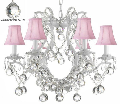 White Wrought Iron Crystal Chandelier Lighting H 19" W 20" Dressed With Feng Shui 40Mm Crystal Balls And Pink Shades - A83-Pinkshadesb6/White/3530/6