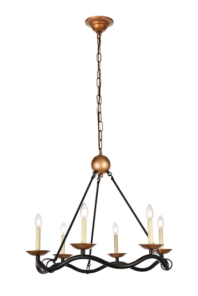 ZC121-LD6006D29BK - Living District: Misha Collection Chandelier D28.5 H25.3 Lt:6 Black and Gold Finish