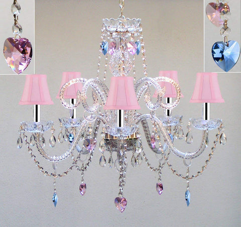 Authentic All Crystal Chandelier Chandeliers Lighting with Sapphire Blue & Pink Crystal Hearts & Pink Shades! Perfect for Living Room, Dining Room, Kitchen, Kid's Bedroom w/Chrome Sleeves! H25" W24" - A46-B43/B85/B21/PINKSHADES/387/5