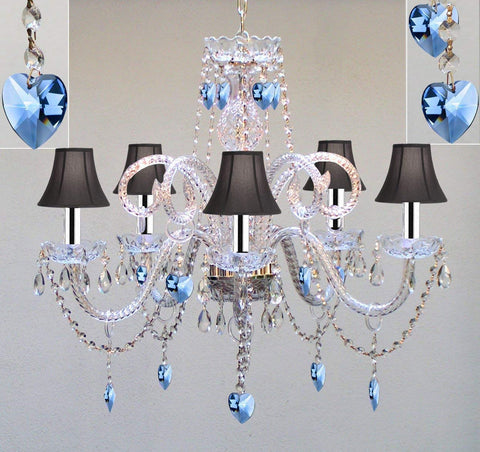 Authentic All Crystal Chandelier Chandeliers Lighting with Sapphire Blue Crystal Hearts and Black Shades! Perfect for Living Room, Dining Room, Kitchen, Kid's Bedroom w/Chrome Sleeves! H25" W24" - A46-B43/B85/BLACKSHADES/387/5
