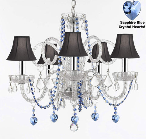 Authentic All Crystal Chandelier Chandeliers Lighting with Sapphire Blue Crystal Hearts and Black Shades! Perfect for Living Room, Dining Room, Kitchen, Kid's Bedroom w/Chrome Sleeves! H25" W24" - A46-B43/B85/B82/SC/BLACKSHADES/385/5