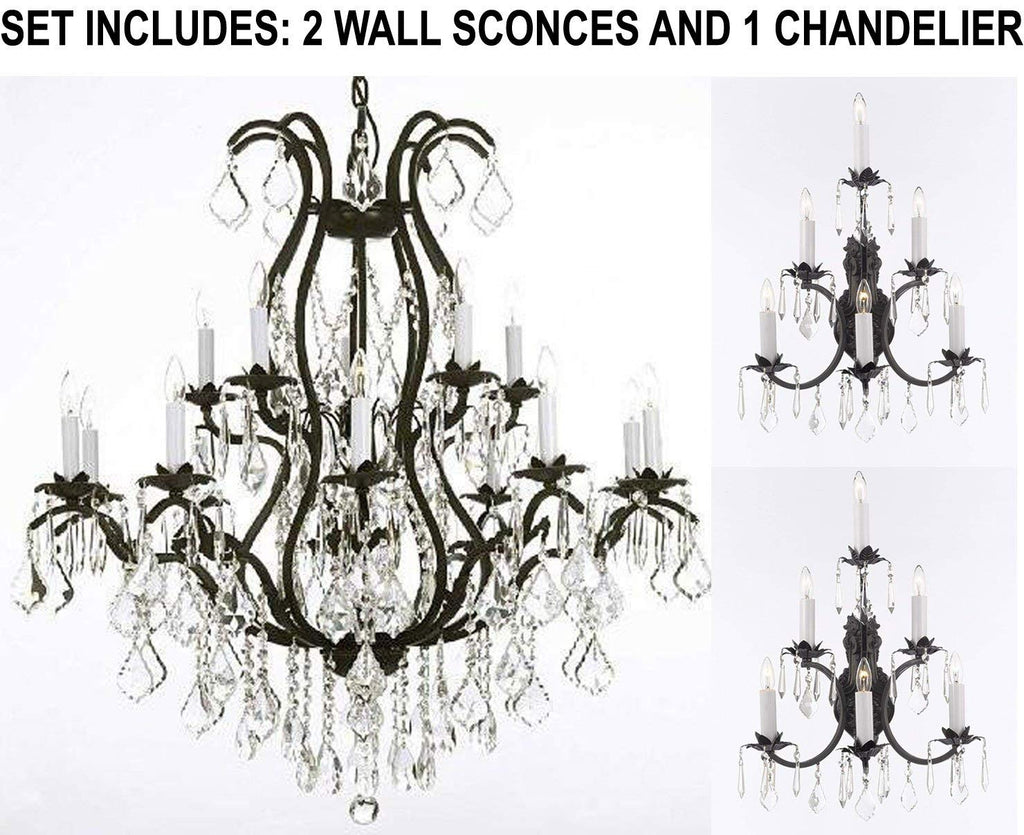 Set of 3-2 Wrought Iron Wall Sconce Crystal Lighting 3 Tier Wall Sconces W16 x H24 and 1 Wrought Iron Chandelier Crystal Chandeliers Lighting H36 X W36 - 2EA A500-6/3034 + 1EA A500-3034/10+5