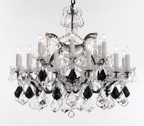 Swarovski Crystal Trimmed Chandelier 19th C. Baroque Iron & Crystal Chandelier Lighting- Dressed with Jet Black Crystals Great for Kitchens, Bathrooms, Closets, and Dining Rooms H 28" x W 30" - G83-B97/995/18SW